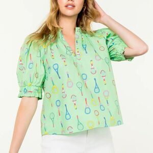 THML Women’s Match Point Top Green Tennis Racket Print Cotton Puff Sleeves Small